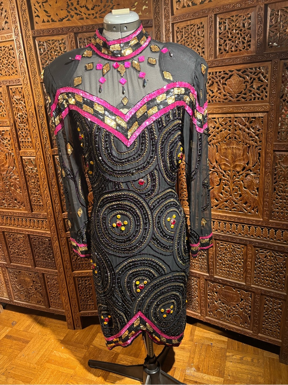 Vintage 100% Silk Embellished Black Long-Sleeve Sheer Dress with Pink Accents